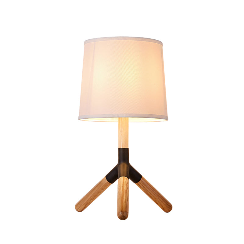 Wood Tri-Leg Table Lamp Simplicity 1 Light White Night Stand Light with Barrel Fabric Lamp Shade Clearhalo 'Lamps' 'Table Lamps' Lighting' 740046