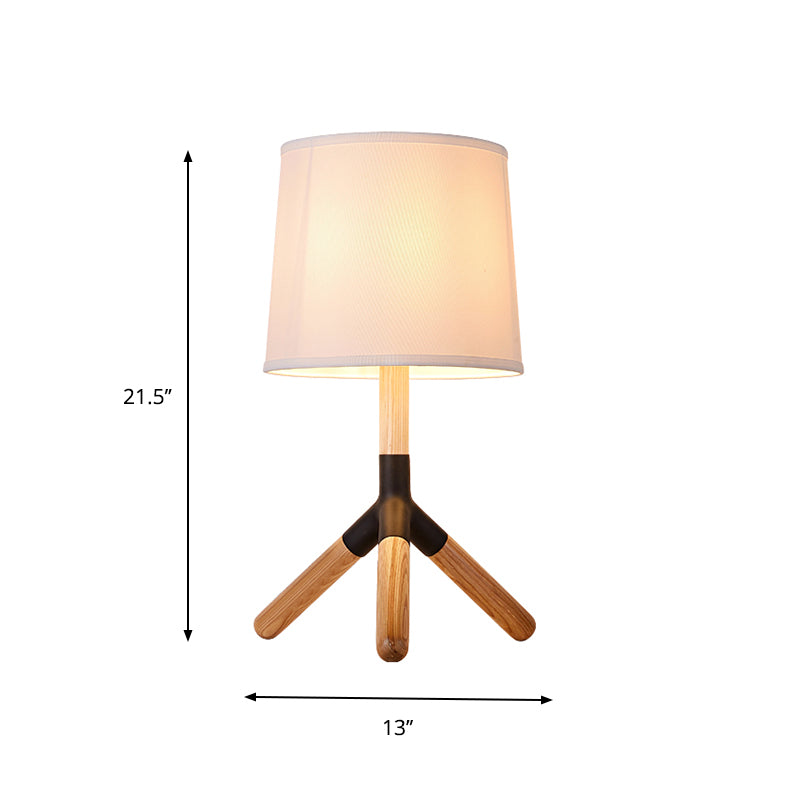 Wood Tri-Leg Table Lamp Simplicity 1 Light White Night Stand Light with Barrel Fabric Lamp Shade Clearhalo 'Lamps' 'Table Lamps' Lighting' 740047