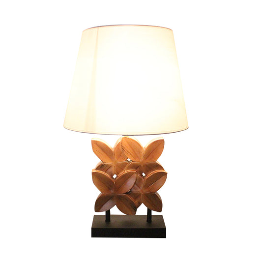 Empire Shade Table Lighting Retro Fabric 1 Bulb White Night Stand Lamp with Wood Carved Leaf Base Clearhalo 'Lamps' 'Table Lamps' Lighting' 740083