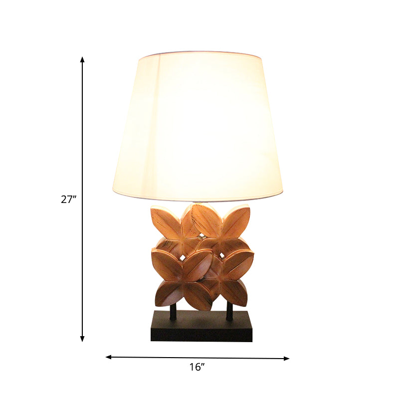 Empire Shade Table Lighting Retro Fabric 1 Bulb White Night Stand Lamp with Wood Carved Leaf Base Clearhalo 'Lamps' 'Table Lamps' Lighting' 740085