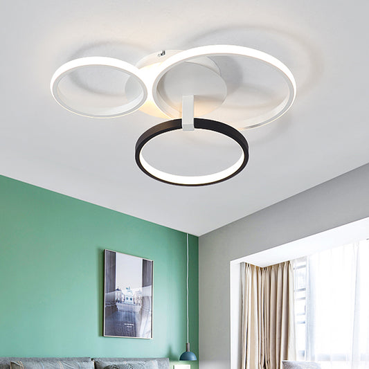 3 Rings Semi Flush Mount Modernist Acrylic Grey/White/Black and White LED Flush Mount Ceiling Light Fixture Black-White Clearhalo 'Ceiling Lights' 'Close To Ceiling Lights' 'Close to ceiling' 'Semi-flushmount' Lighting' 740125