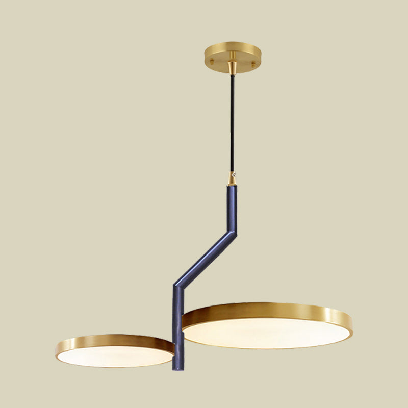 2 Heads Living Room Hanging Chandelier Modern Black and Gold Curved Rod Designed Ceiling Suspension Lamp with Round Metallic Shade Clearhalo 'Ceiling Lights' 'Chandeliers' 'Modern Chandeliers' 'Modern' Lighting' 740198
