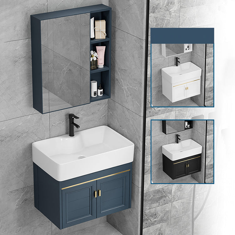 Rectangular Vanity Single Sink Faucet Wall-Mounted Blue Mirror Metal Frame Bath Vanity Clearhalo 'Bathroom Remodel & Bathroom Fixtures' 'Bathroom Vanities' 'bathroom_vanities' 'Home Improvement' 'home_improvement' 'home_improvement_bathroom_vanities' 7402835