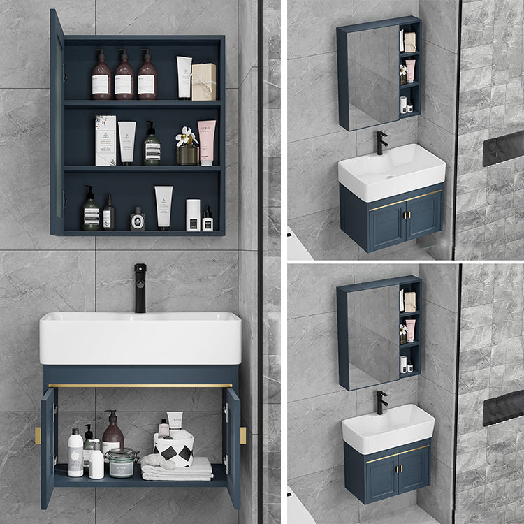 Rectangular Vanity Single Sink Faucet Wall-Mounted Blue Mirror Metal Frame Bath Vanity Clearhalo 'Bathroom Remodel & Bathroom Fixtures' 'Bathroom Vanities' 'bathroom_vanities' 'Home Improvement' 'home_improvement' 'home_improvement_bathroom_vanities' 7402837