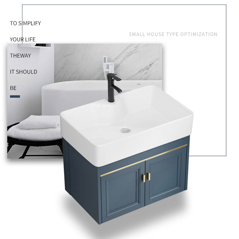 Rectangular Vanity Single Sink Faucet Wall-Mounted Blue Mirror Metal Frame Bath Vanity Clearhalo 'Bathroom Remodel & Bathroom Fixtures' 'Bathroom Vanities' 'bathroom_vanities' 'Home Improvement' 'home_improvement' 'home_improvement_bathroom_vanities' 7402851