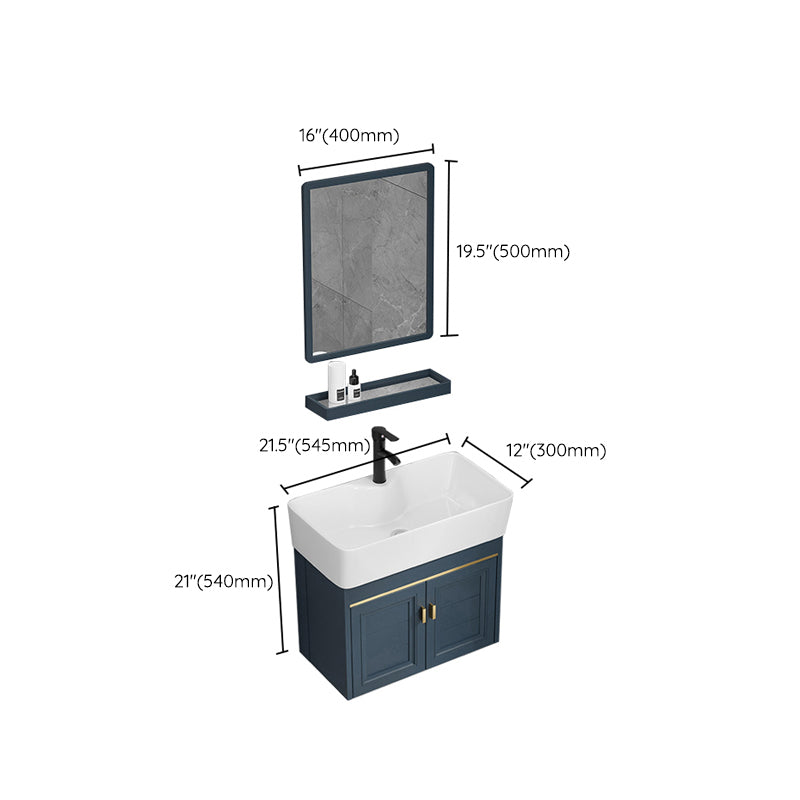 Rectangular Vanity Single Sink Faucet Wall-Mounted Blue Mirror Metal Frame Bath Vanity Clearhalo 'Bathroom Remodel & Bathroom Fixtures' 'Bathroom Vanities' 'bathroom_vanities' 'Home Improvement' 'home_improvement' 'home_improvement_bathroom_vanities' 7402876