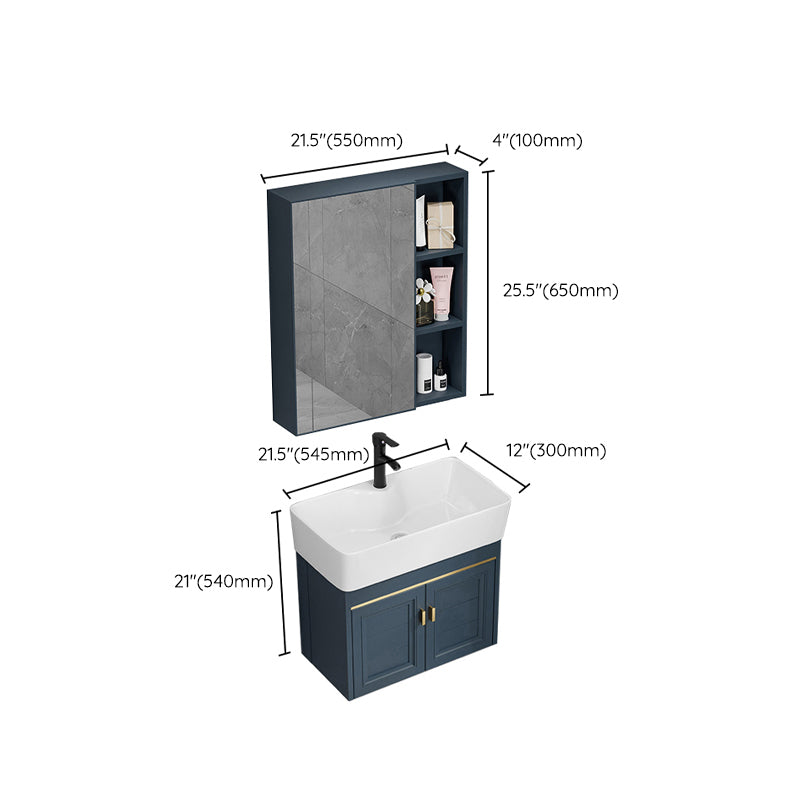 Rectangular Vanity Single Sink Faucet Wall-Mounted Blue Mirror Metal Frame Bath Vanity Clearhalo 'Bathroom Remodel & Bathroom Fixtures' 'Bathroom Vanities' 'bathroom_vanities' 'Home Improvement' 'home_improvement' 'home_improvement_bathroom_vanities' 7402881