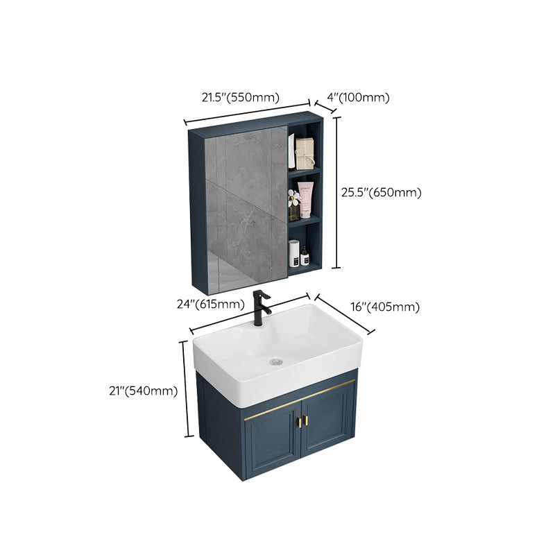 Rectangular Vanity Single Sink Faucet Wall-Mounted Blue Mirror Metal Frame Bath Vanity Clearhalo 'Bathroom Remodel & Bathroom Fixtures' 'Bathroom Vanities' 'bathroom_vanities' 'Home Improvement' 'home_improvement' 'home_improvement_bathroom_vanities' 7402882