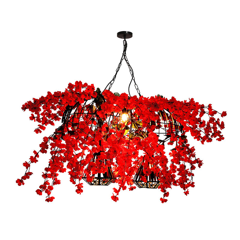 Metal Red Island Ceiling Light Diamond Cage 3-Head Industrial Suspension Lamp with Blossom Decor Clearhalo 'Ceiling Lights' 'Island Lights' Lighting' 740371