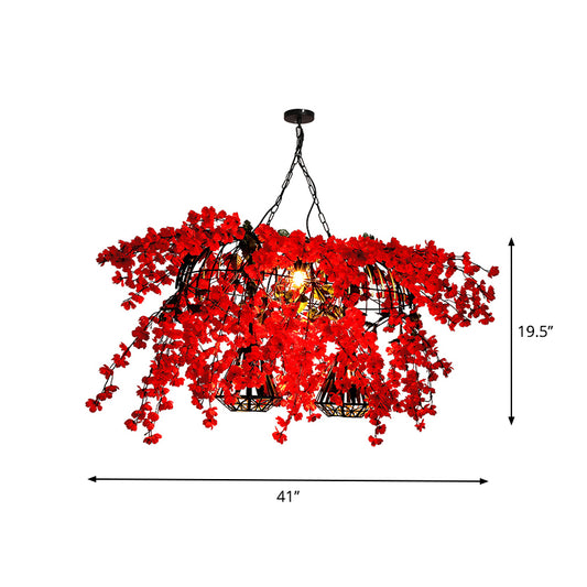 Metal Red Island Ceiling Light Diamond Cage 3-Head Industrial Suspension Lamp with Blossom Decor Clearhalo 'Ceiling Lights' 'Island Lights' Lighting' 740372