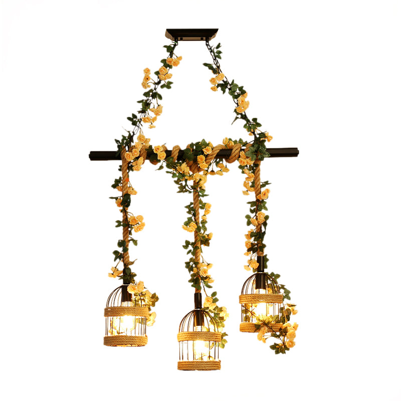 Birdcage Restaurant Island Lighting Industrial Hemp Rope 3/5-Light Black Ceiling Suspension Lamp Clearhalo 'Ceiling Lights' 'Island Lights' Lighting' 740379