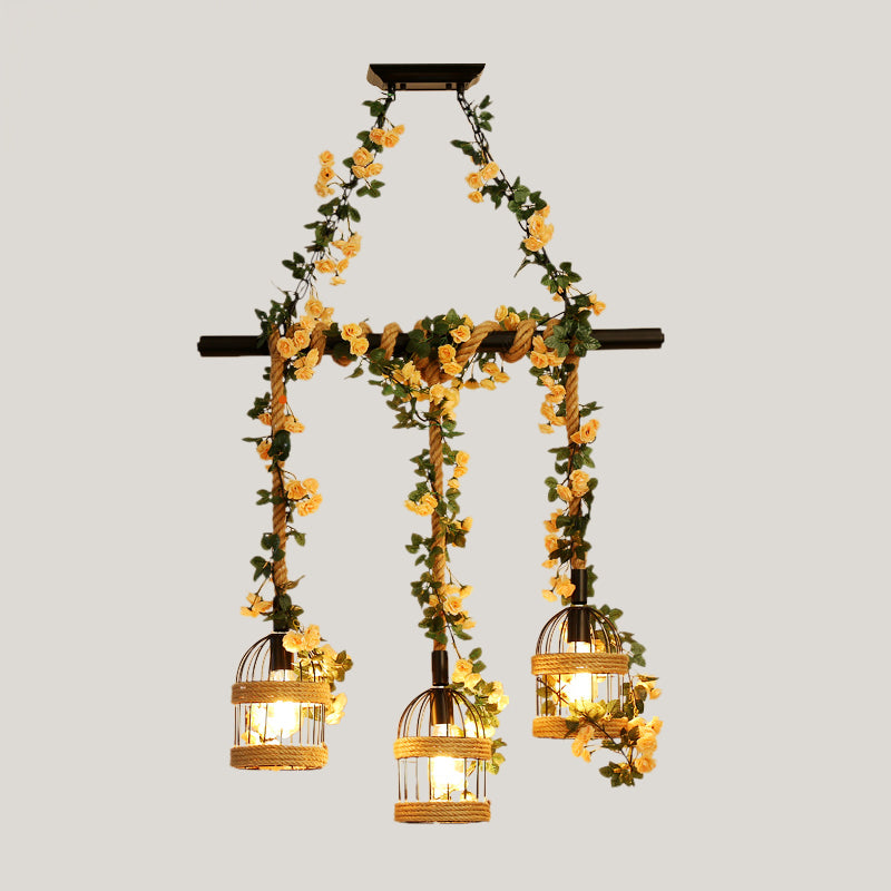 Birdcage Restaurant Island Lighting Industrial Hemp Rope 3/5-Light Black Ceiling Suspension Lamp Clearhalo 'Ceiling Lights' 'Island Lights' Lighting' 740380