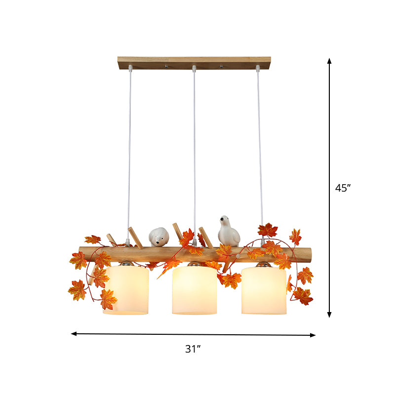 Ivory Glass Wood Island Light Cylinder 2/3 Bulbs Industrial Pendant Lamp with Maple/Green Leaf and Bird Decor Clearhalo 'Ceiling Lights' 'Close To Ceiling Lights' 'Glass shade' 'Glass' 'Island Lights' Lighting' 740395