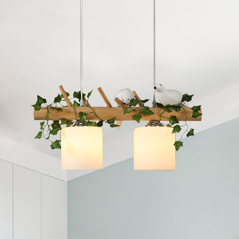 Ivory Glass Wood Island Light Cylinder 2/3 Bulbs Industrial Pendant Lamp with Maple/Green Leaf and Bird Decor Clearhalo 'Ceiling Lights' 'Close To Ceiling Lights' 'Glass shade' 'Glass' 'Island Lights' Lighting' 740397