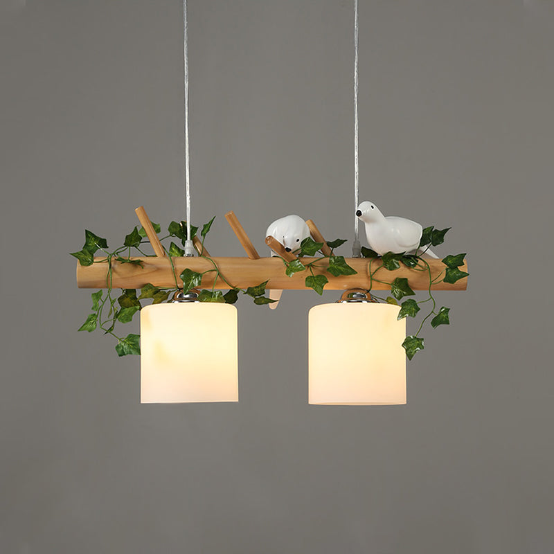 Ivory Glass Wood Island Light Cylinder 2/3 Bulbs Industrial Pendant Lamp with Maple/Green Leaf and Bird Decor Clearhalo 'Ceiling Lights' 'Close To Ceiling Lights' 'Glass shade' 'Glass' 'Island Lights' Lighting' 740399