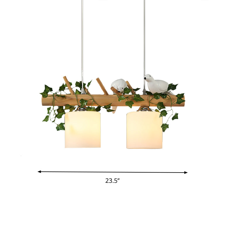 Ivory Glass Wood Island Light Cylinder 2/3 Bulbs Industrial Pendant Lamp with Maple/Green Leaf and Bird Decor Clearhalo 'Ceiling Lights' 'Close To Ceiling Lights' 'Glass shade' 'Glass' 'Island Lights' Lighting' 740400