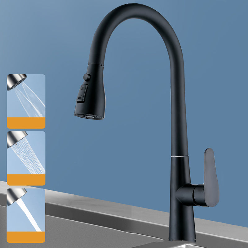 Swivel Spout Kitchen Faucet Gooseneck No Sensor with Pull Out Sprayer Black Tri-Mode Spray Clearhalo 'Home Improvement' 'home_improvement' 'home_improvement_kitchen_faucets' 'Kitchen Faucets' 'Kitchen Remodel & Kitchen Fixtures' 'Kitchen Sinks & Faucet Components' 'kitchen_faucets' 7405526