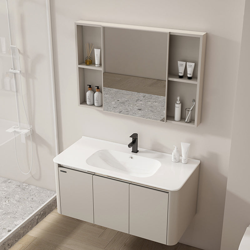 2 Doors Bathroom Vanity Metal Frame Mirror Wall Mounted Glam Cream Single Sink Vanity Vanity & Faucet & Mirror Cabinet Clearhalo 'Bathroom Remodel & Bathroom Fixtures' 'Bathroom Vanities' 'bathroom_vanities' 'Home Improvement' 'home_improvement' 'home_improvement_bathroom_vanities' 7406503