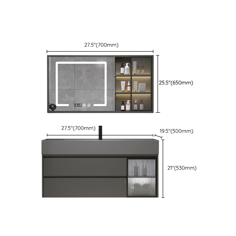 Wood Frame Bathroom Vanity Grey 2 Drawers Single Sink Mirror Wall Mount Rectangular Vanity Clearhalo 'Bathroom Remodel & Bathroom Fixtures' 'Bathroom Vanities' 'bathroom_vanities' 'Home Improvement' 'home_improvement' 'home_improvement_bathroom_vanities' 7406607