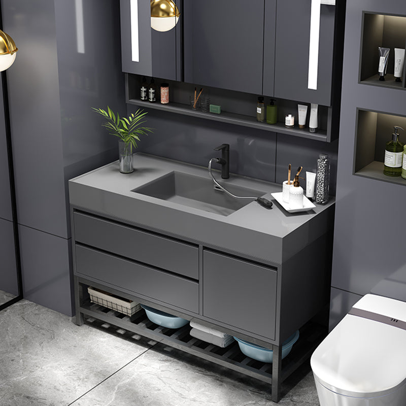 Grey Single Sink Vanity Wood Frame Mirror Rectangular Glam Faucet Vanity with 2 Drawers Clearhalo 'Bathroom Remodel & Bathroom Fixtures' 'Bathroom Vanities' 'bathroom_vanities' 'Home Improvement' 'home_improvement' 'home_improvement_bathroom_vanities' 7410003