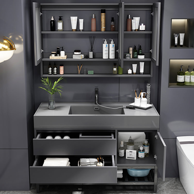 Grey Single Sink Vanity Wood Frame Mirror Rectangular Glam Faucet Vanity with 2 Drawers Clearhalo 'Bathroom Remodel & Bathroom Fixtures' 'Bathroom Vanities' 'bathroom_vanities' 'Home Improvement' 'home_improvement' 'home_improvement_bathroom_vanities' 7410006