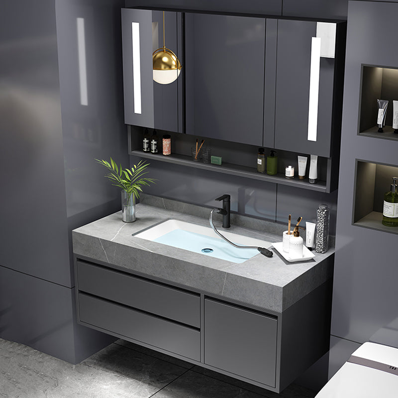 Mirror Vanity Grey Wood Frame Glam 2 Drawers Single Sink Rectangular Vanity with Faucet Clearhalo 'Bathroom Remodel & Bathroom Fixtures' 'Bathroom Vanities' 'bathroom_vanities' 'Home Improvement' 'home_improvement' 'home_improvement_bathroom_vanities' 7410066