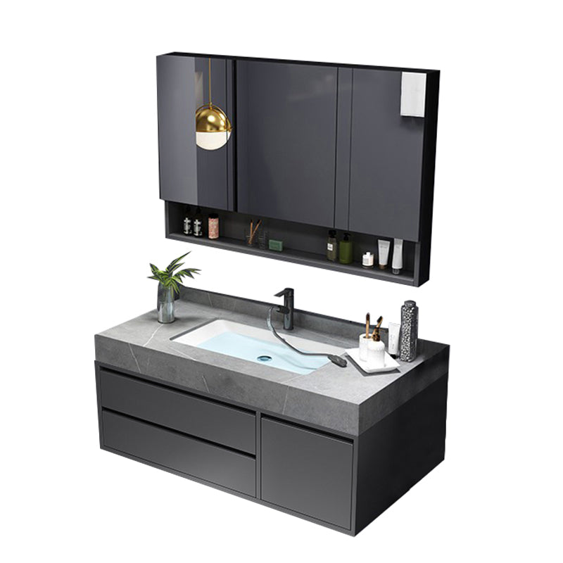 Mirror Vanity Grey Wood Frame Glam 2 Drawers Single Sink Rectangular Vanity with Faucet Vanity & Faucet & Mirror Cabinet 36"L x 20"W x 22"H Clearhalo 'Bathroom Remodel & Bathroom Fixtures' 'Bathroom Vanities' 'bathroom_vanities' 'Home Improvement' 'home_improvement' 'home_improvement_bathroom_vanities' 7410067