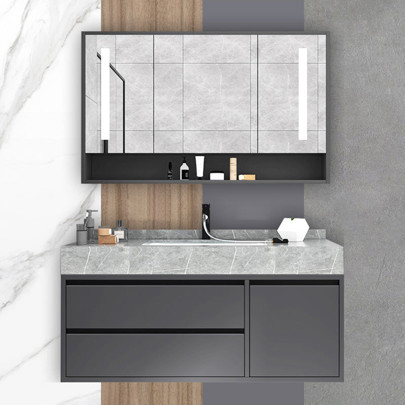 Mirror Vanity Grey Wood Frame Glam 2 Drawers Single Sink Rectangular Vanity with Faucet Clearhalo 'Bathroom Remodel & Bathroom Fixtures' 'Bathroom Vanities' 'bathroom_vanities' 'Home Improvement' 'home_improvement' 'home_improvement_bathroom_vanities' 7410068