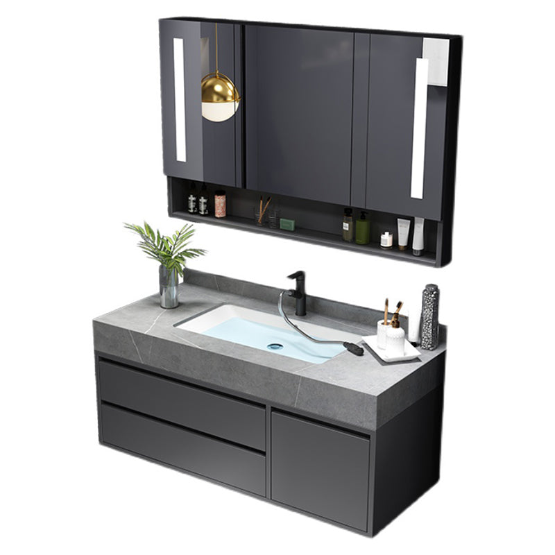 Mirror Vanity Grey Wood Frame Glam 2 Drawers Single Sink Rectangular Vanity with Faucet Clearhalo 'Bathroom Remodel & Bathroom Fixtures' 'Bathroom Vanities' 'bathroom_vanities' 'Home Improvement' 'home_improvement' 'home_improvement_bathroom_vanities' 7410070