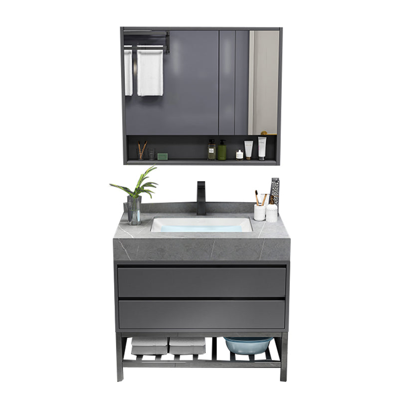 Mirror Vanity Grey Wood Frame Glam 2 Drawers Single Sink Rectangular Vanity with Faucet Vanity & Faucet & Mirror Cabinet 24"L x 20"W x 32"H Clearhalo 'Bathroom Remodel & Bathroom Fixtures' 'Bathroom Vanities' 'bathroom_vanities' 'Home Improvement' 'home_improvement' 'home_improvement_bathroom_vanities' 7410073