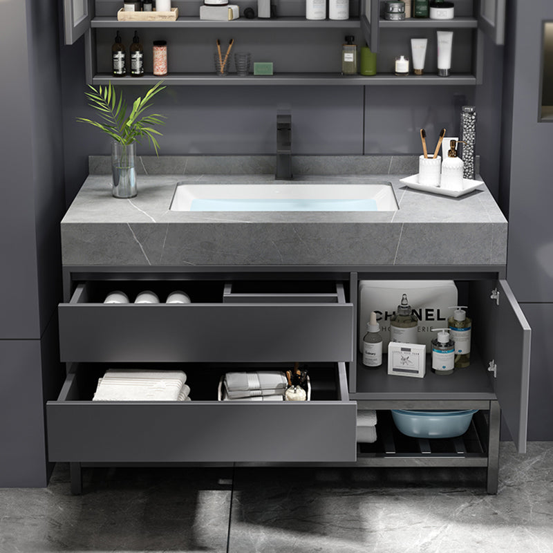 Mirror Vanity Grey Wood Frame Glam 2 Drawers Single Sink Rectangular Vanity with Faucet Clearhalo 'Bathroom Remodel & Bathroom Fixtures' 'Bathroom Vanities' 'bathroom_vanities' 'Home Improvement' 'home_improvement' 'home_improvement_bathroom_vanities' 7410079