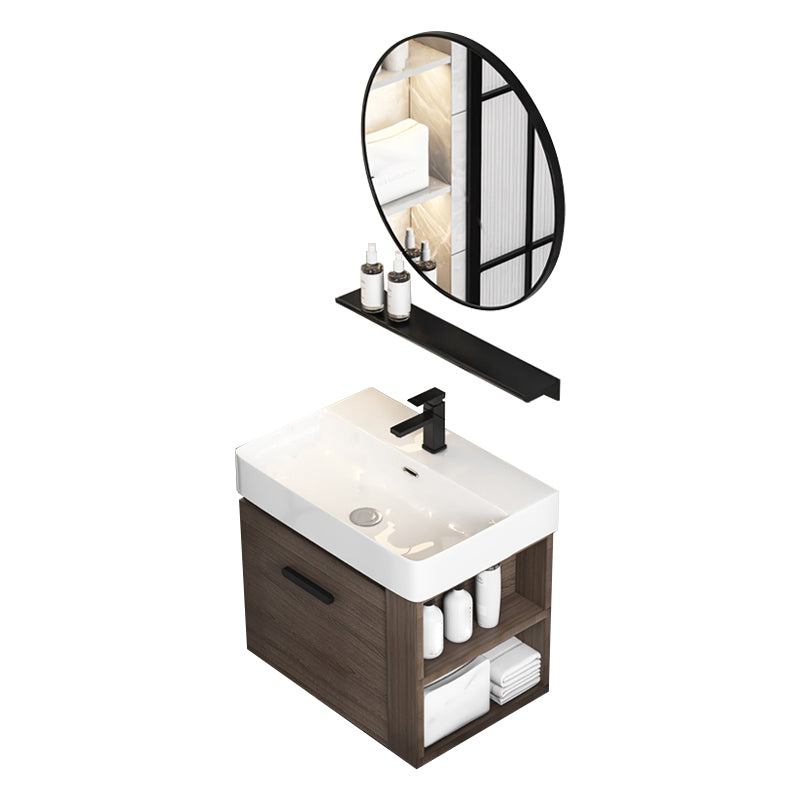 Modern Single Sink Vanity Wall Mount Brown Wooden Vanity Set Vanity & Faucet & Mirrors 24"L x 17"W x 20"H Clearhalo 'Bathroom Remodel & Bathroom Fixtures' 'Bathroom Vanities' 'bathroom_vanities' 'Home Improvement' 'home_improvement' 'home_improvement_bathroom_vanities' 7416398