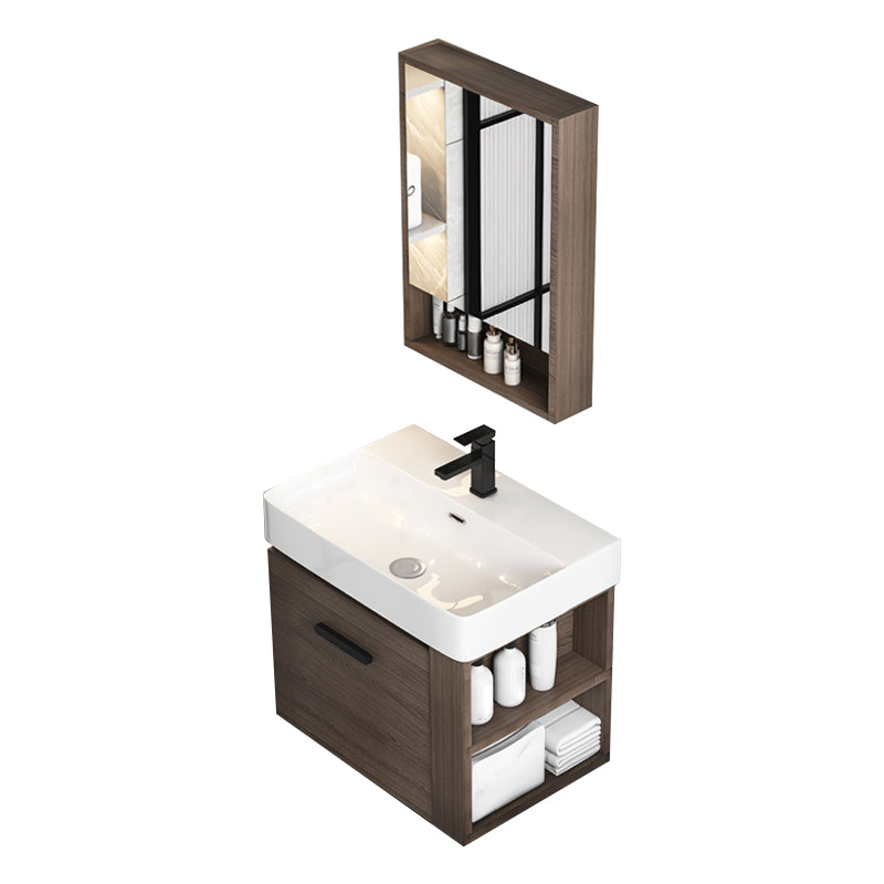 Modern Single Sink Vanity Wall Mount Brown Wooden Vanity Set Vanity & Faucet & Mirror Cabinet 24"L x 17"W x 20"H Clearhalo 'Bathroom Remodel & Bathroom Fixtures' 'Bathroom Vanities' 'bathroom_vanities' 'Home Improvement' 'home_improvement' 'home_improvement_bathroom_vanities' 7416408