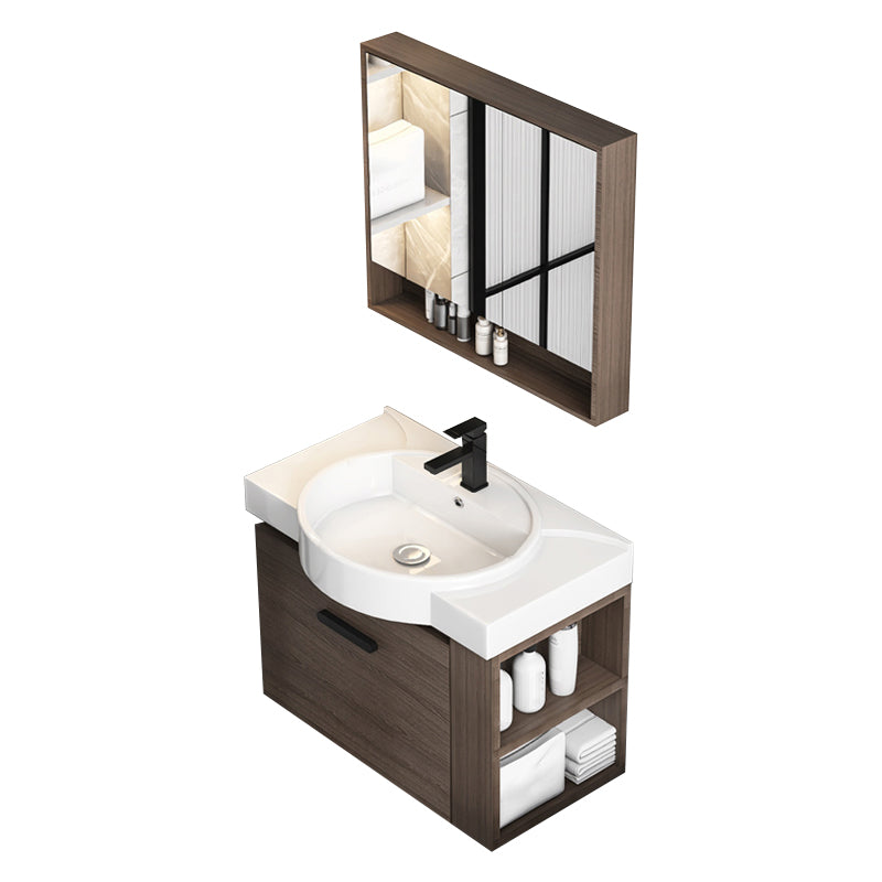 Modern Single Sink Vanity Wall Mount Brown Wooden Vanity Set Vanity & Faucet & Mirror Cabinet Clearhalo 'Bathroom Remodel & Bathroom Fixtures' 'Bathroom Vanities' 'bathroom_vanities' 'Home Improvement' 'home_improvement' 'home_improvement_bathroom_vanities' 7416410