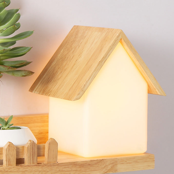 Beige Small House Wall Light 1 Light Lovely Wooden Sconce Light with Shelf for Kid Bedroom Clearhalo 'Wall Lamps & Sconces' 'Wall Lights' Lighting' 74236