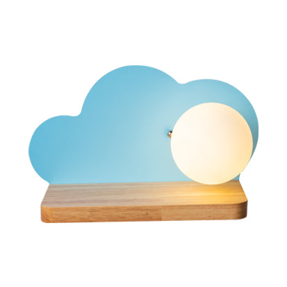 Single Light Cloud Wall Light with Orb Shade Macaron Stylish Wooden Sconce Light for Child Bedroom Blue Clearhalo 'Wall Lamps & Sconces' 'Wall Lights' Lighting' 74254