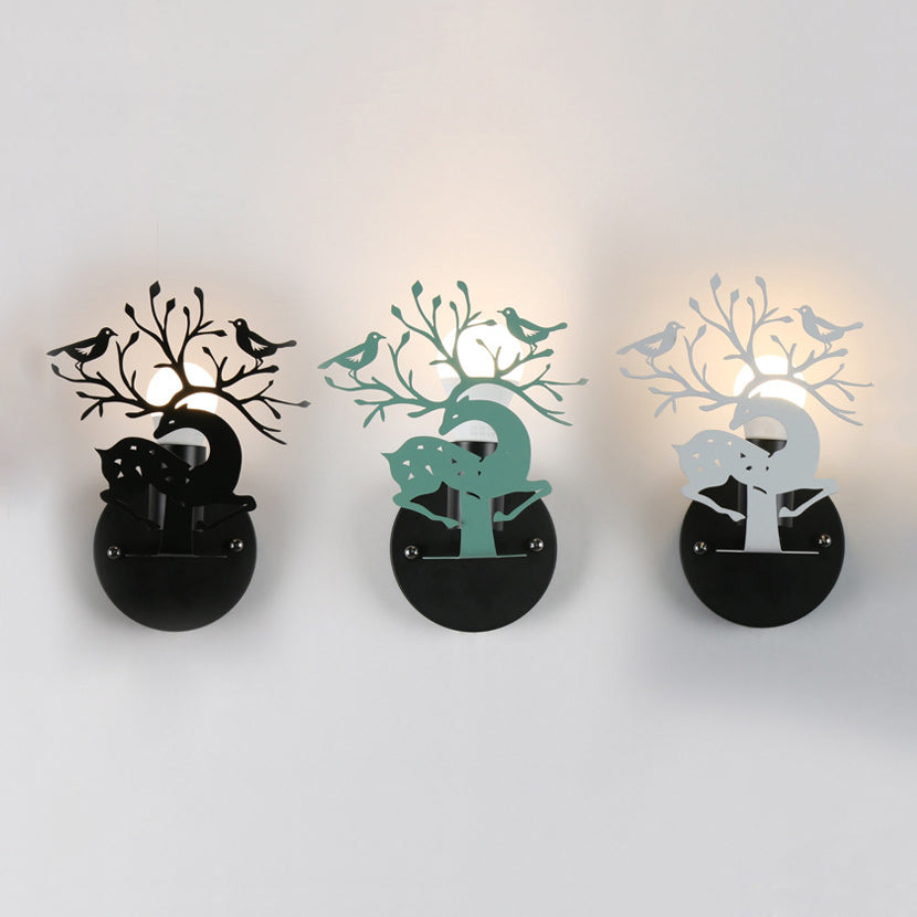 Sika Deer Kindergarten Wall Sconce with Twig & Bird Metallic 1 Light Animal Sconce Light Clearhalo 'Wall Lamps & Sconces' 'Wall Lights' Lighting' 74275