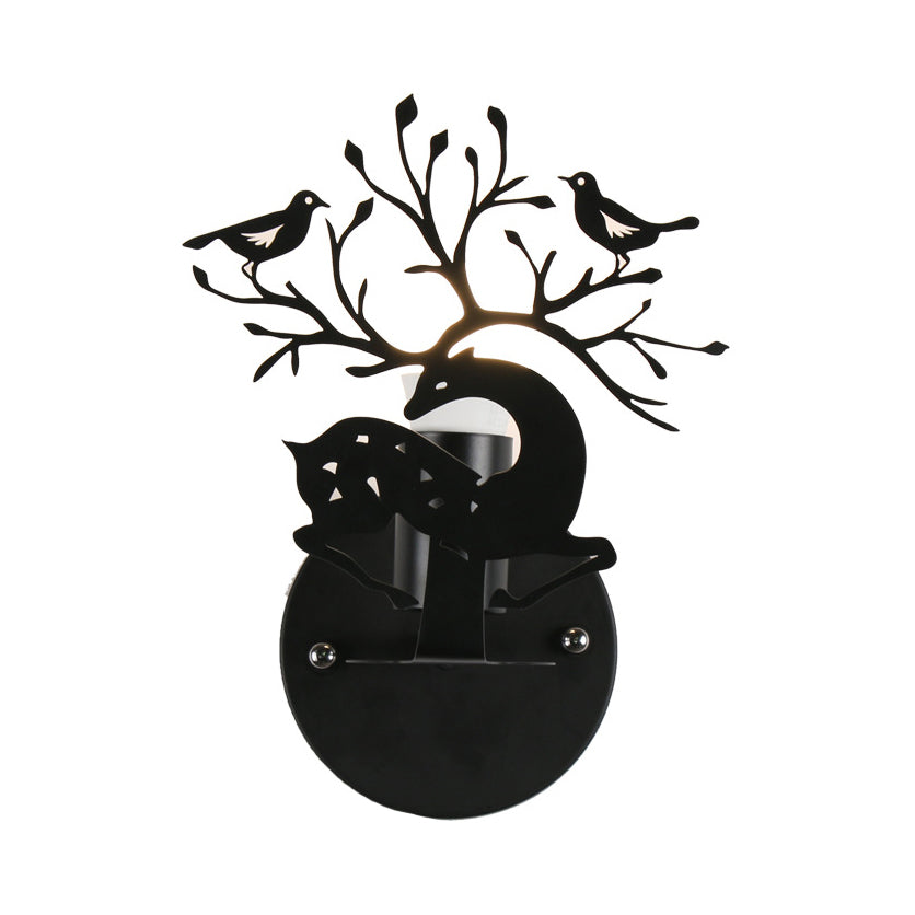 Sika Deer Kindergarten Wall Sconce with Twig & Bird Metallic 1 Light Animal Sconce Light Black Clearhalo 'Wall Lamps & Sconces' 'Wall Lights' Lighting' 74276