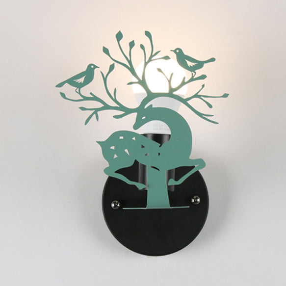 Sika Deer Kindergarten Wall Sconce with Twig & Bird Metallic 1 Light Animal Sconce Light Green Clearhalo 'Wall Lamps & Sconces' 'Wall Lights' Lighting' 74278