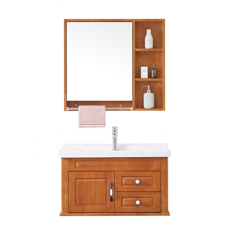 Mid Century Modern Sink Vanity Wood Wall Mount Bathroom Vanity with Mirror Vanity & Faucet & Mirror Cabinet 32"L x 19"W x 18"H Ceramic Clearhalo 'Bathroom Remodel & Bathroom Fixtures' 'Bathroom Vanities' 'bathroom_vanities' 'Home Improvement' 'home_improvement' 'home_improvement_bathroom_vanities' 7433192