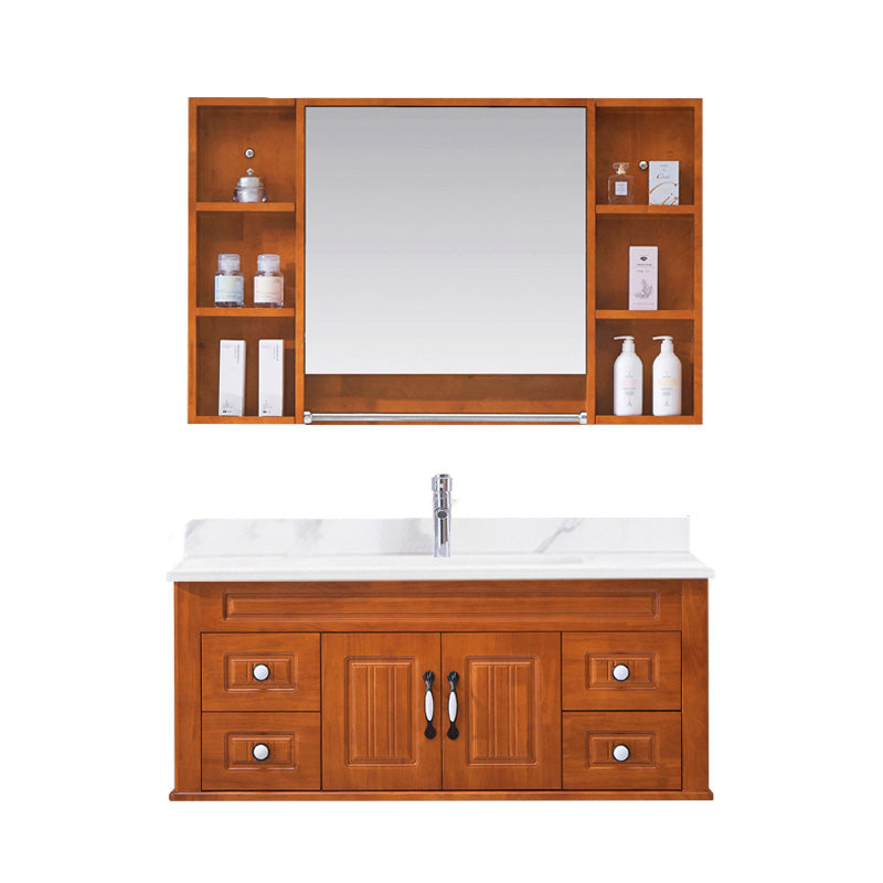 Mid Century Modern Sink Vanity Wood Wall Mount Bathroom Vanity with Mirror Vanity & Faucet & Mirror Cabinet 44"L x 19"W x 18"H Stone Clearhalo 'Bathroom Remodel & Bathroom Fixtures' 'Bathroom Vanities' 'bathroom_vanities' 'Home Improvement' 'home_improvement' 'home_improvement_bathroom_vanities' 7433197