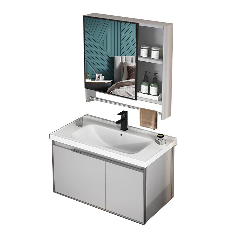 Modern Bath Vanity Gray Single Rectangular Wall Mount Sink Vanity Vanity & Faucet & Mirror Cabinet 32"L x 19"W x 18"H Drawer Not Included Clearhalo 'Bathroom Remodel & Bathroom Fixtures' 'Bathroom Vanities' 'bathroom_vanities' 'Home Improvement' 'home_improvement' 'home_improvement_bathroom_vanities' 7433254