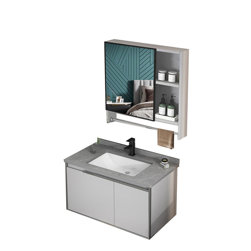 Modern Bath Vanity Gray Single Rectangular Wall Mount Sink Vanity Vanity & Faucet & Mirror Cabinet 31"L x 19"W x 18"H Drawer Not Included Clearhalo 'Bathroom Remodel & Bathroom Fixtures' 'Bathroom Vanities' 'bathroom_vanities' 'Home Improvement' 'home_improvement' 'home_improvement_bathroom_vanities' 7433255