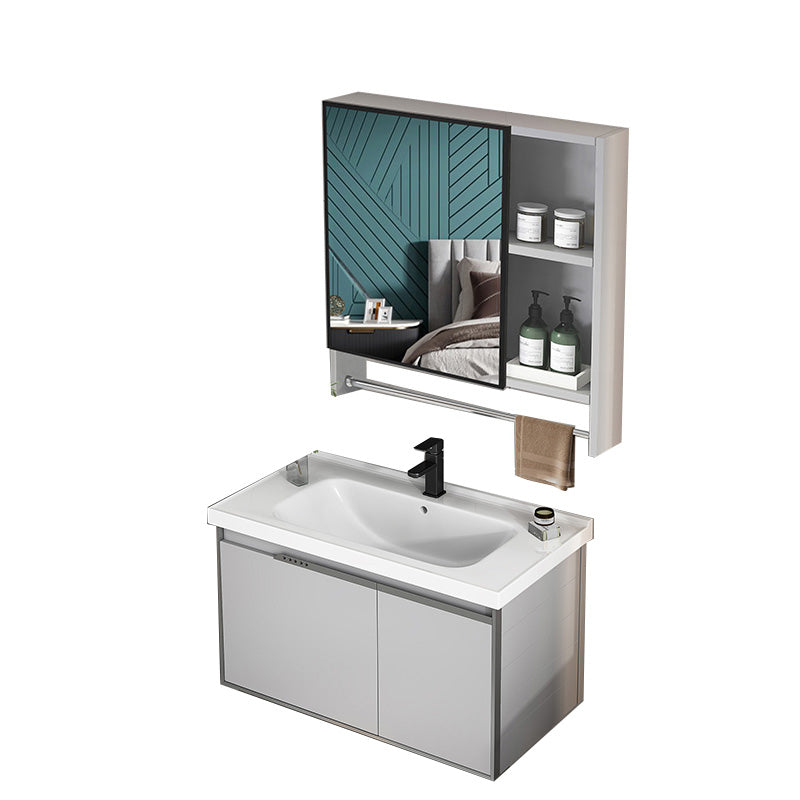 Modern Bath Vanity Gray Single Rectangular Wall Mount Sink Vanity Vanity & Faucet & Mirror Cabinet 28"L x 19"W x 18"H Drawer Not Included Clearhalo 'Bathroom Remodel & Bathroom Fixtures' 'Bathroom Vanities' 'bathroom_vanities' 'Home Improvement' 'home_improvement' 'home_improvement_bathroom_vanities' 7433275