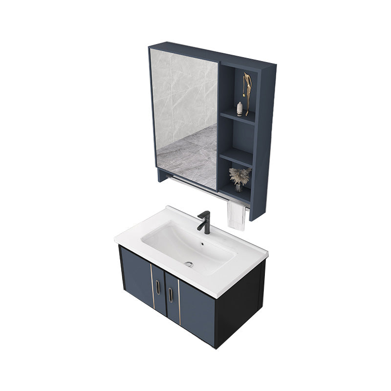 Glam Metal Sink Vanity Wall Mount Single-Sink Bathroom Vanity Vanity & Faucet & Mirror Cabinet 28"L x 19"W x 17"H Clearhalo 'Bathroom Remodel & Bathroom Fixtures' 'Bathroom Vanities' 'bathroom_vanities' 'Home Improvement' 'home_improvement' 'home_improvement_bathroom_vanities' 7433363