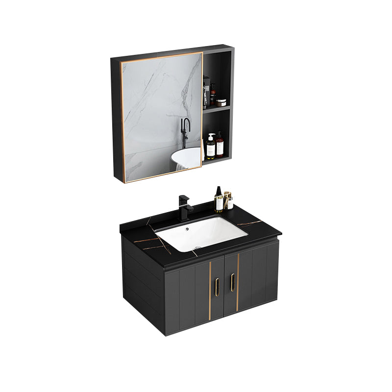 Single Sink Bath Vanity Black Wall Mount Modern Metal Base Vanity Set Vanity & Faucet & Mirror Cabinet 27.6"L x 18.5"W x 17.7"H Stone Clearhalo 'Bathroom Remodel & Bathroom Fixtures' 'Bathroom Vanities' 'bathroom_vanities' 'Home Improvement' 'home_improvement' 'home_improvement_bathroom_vanities' 7435332