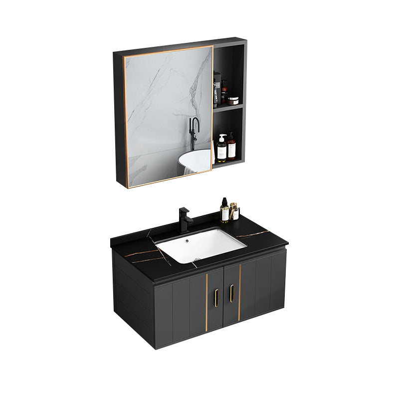 Single Sink Bath Vanity Black Wall Mount Modern Metal Base Vanity Set Vanity & Faucet & Mirror Cabinet 31.5"L x 18.5"W x 17.7"H Stone Clearhalo 'Bathroom Remodel & Bathroom Fixtures' 'Bathroom Vanities' 'bathroom_vanities' 'Home Improvement' 'home_improvement' 'home_improvement_bathroom_vanities' 7435335