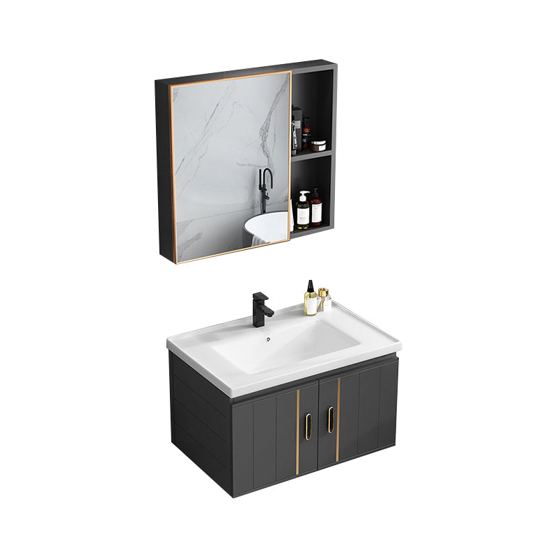 Single Sink Bath Vanity Black Wall Mount Modern Metal Base Vanity Set Vanity & Faucet & Mirror Cabinet 27.6"L x 18.5"W x 17.7"H Ceramic Clearhalo 'Bathroom Remodel & Bathroom Fixtures' 'Bathroom Vanities' 'bathroom_vanities' 'Home Improvement' 'home_improvement' 'home_improvement_bathroom_vanities' 7435338