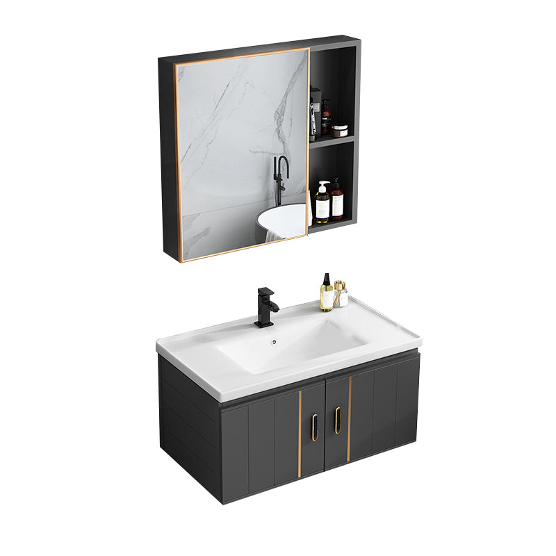 Single Sink Bath Vanity Black Wall Mount Modern Metal Base Vanity Set Vanity & Faucet & Mirror Cabinet 31.5"L x 18.5"W x 17.7"H Ceramic Clearhalo 'Bathroom Remodel & Bathroom Fixtures' 'Bathroom Vanities' 'bathroom_vanities' 'Home Improvement' 'home_improvement' 'home_improvement_bathroom_vanities' 7435341