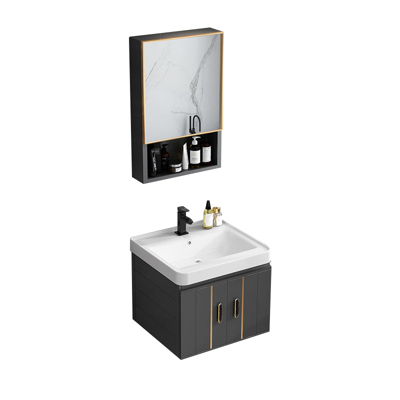 Single Sink Bath Vanity Black Wall Mount Modern Metal Base Vanity Set Vanity & Faucet & Mirror Cabinet 20"L x 14"W x 19"H Ceramic Clearhalo 'Bathroom Remodel & Bathroom Fixtures' 'Bathroom Vanities' 'bathroom_vanities' 'Home Improvement' 'home_improvement' 'home_improvement_bathroom_vanities' 7435343